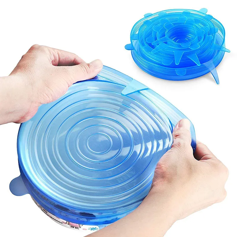 Tutup silikon regang, penutup mangkuk silikon bungkus makanan Universal tutup bisa digunakan kembali berbagai ukuran 6 buah/set