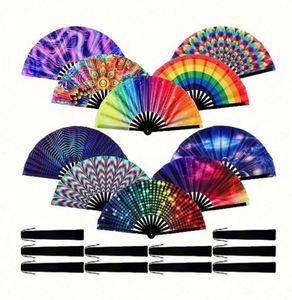 Large Folding Rainbow Hand Fan for Dance Music Festival Carved Fairy Style with <b>Bamboo</b> Ribs for Drag Queen Rave - Product Image 1