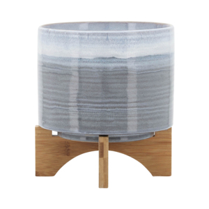 Vaso in ceramica con supporto in legno, moderno vaso in gres per piante da interno ed esterno, vaso rotondo per fiori, decorazione per la casa - Product Image 2