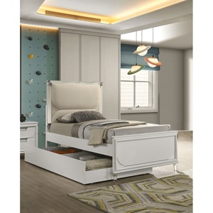 Lit double contemporain blanc nacré avec lit gigogne, 2 tables de chevet et panneaux embossés – Mobilier de chambre - Product Image 1