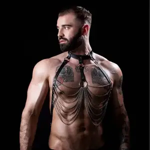 Pu Leather Bondage Metal Chain Restraint Belt Punk Style Nightclub Cosplay Fetish Gay Tying Harness Sex Toys Erotic Clothing