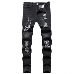 Jean pour homme, style streetwear américain, taille élastique, coupe ample, jambe large, décontracté, avec texture drapée - Product Image 1