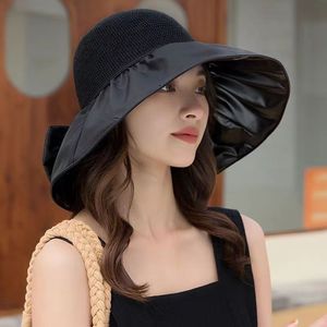 Sombrero de paja amarillo con ala ancha y lazo desmontable ajustable para mujer, protección solar para viajes al aire libre y ciclismo - Product Image 3