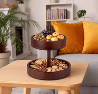 Hoogwaardige decoratieve 2-laags ronde houten fruitschaal, houten fruitschaal voor aanrecht voor het presenteren van fruit, snacks en brood