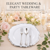 Assiettes de fête jetables en plastique blanc et argenté PS en stock, avec bord doré rétro – 10,25 et 7,5 pouces, pour desserts et apéritifs, idéales pour les fêtes et les mariages
