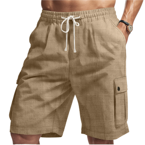 Pantalones Cortos Cargo de Lino para Hombre, Estilo Americano, para Trabajo al Aire Libre, Cintura Media con Cordón, Color Sólido, Tejidos, para Verano, Gran Venta - Product Image 1