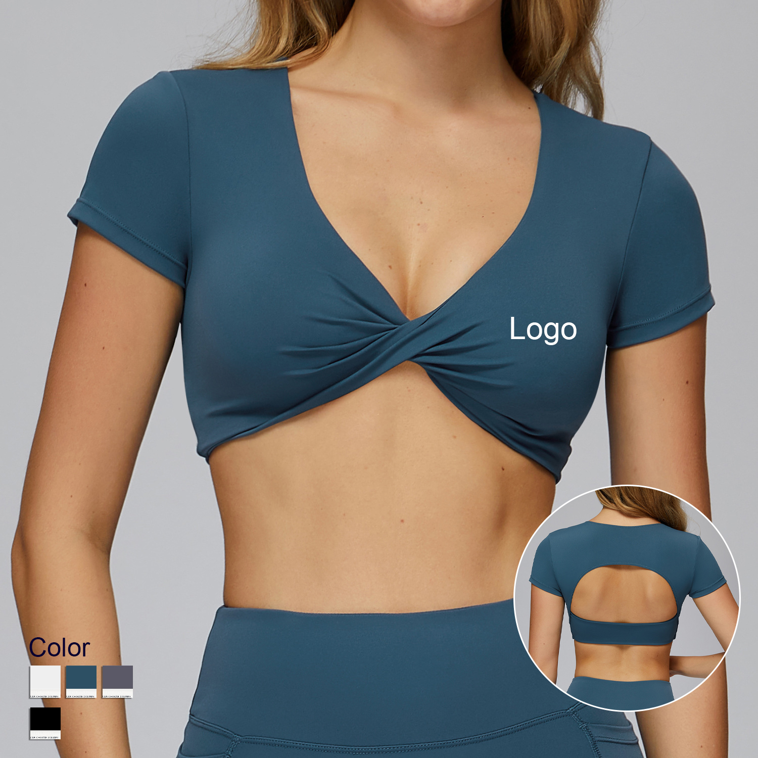 Women's Sexy Deep V Neck Short Sleeve Crop Top-Fitness Fashion Quick Dry Spandex/Nylon Workout Bra Padded Tops Fit