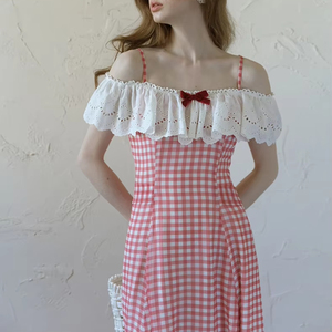 Off the shoulder lace ruffle <strong>red</strong> checkered maxi dress with bow - Product Image 5