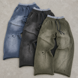 Pantalon de survêtement en coton molletonné double taille uni pour homme, style hip-hop, coupe large et ample, streetwear, avec cordon de serrage - Product Image 1