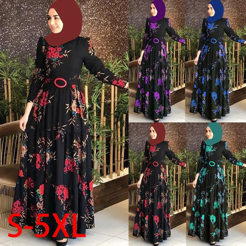 Factory Wholesale Fashion Floral Printed Long Muslim Women Dress Islamic Clothing Dubai Abaya Full Length Dress