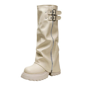 Küçük Boylu Kadınlar İçin Sonbahar Yüksek Topuklu Kalın Topuklu Kalın Bacaklı Melard Uzun Konçlu Botlar Yan Fermuarlı Kauçuk - Product Image 1