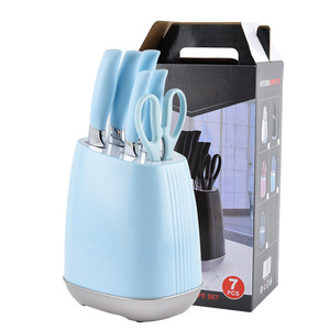 Juego de cuchillos de cocina de 7 piezas con bloque de almacenamiento, juego de cuchillos de cocina de acero inoxidable afilados, mango ergonómico de PP para uso diario en el hogar - Product Image 1