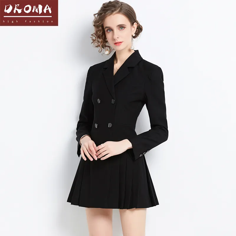 Droma Ready To Ship New Design Elegant Long Sleeve Jacket Coat Black Lady Fashion Pleated Dress