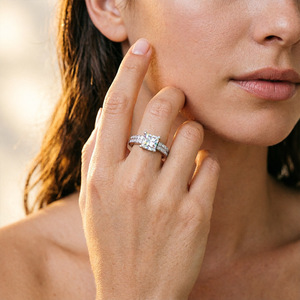 S925 Sterling <b>Silver</b> Rhodium Plated Women's Prong Setting Princess Cut Artificial Mossanite Diamond Engagement Wedding <b>Ring</b> Set - Product Image 4