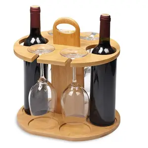 Suporte de garrafa de vinho para bar doméstico, suporte de bambu para copos de vinho, bancada com alça, prateleira para vinho