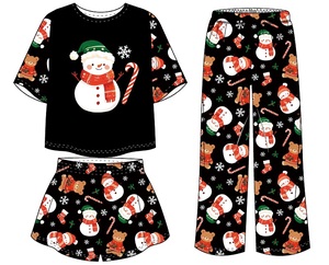 Ensemble de vêtements de nuit pour femmes, trois pièces, vêtements de maison, manches courtes, pantalon long, pyjama à col rond, pyjama d'été à motifs de dessins animés - Product Image 4