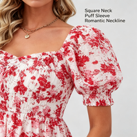 Robe longue trapèze florale populaire pour femme, col carré, taille smockée, manches bouffantes, volants, style décontracté et élégant, idéale pour la plage et les rendez-vous, OEM