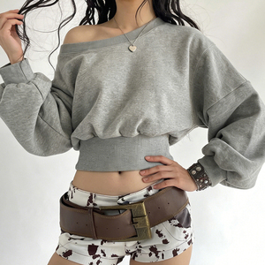 Korean Style Women's Shoulder Knitted Top Solid Color Loose Fit long-sleeved T-shirt - Product Image 1