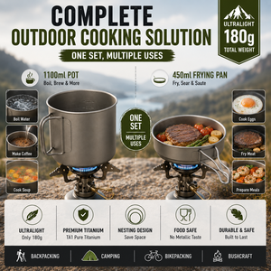 Ensemble de cuisine en titane ultraléger, pot de 1100 ml, poêle à frire de 450 ml, ustensiles de cuisine pliables pour le camping, la randonnée et le backpacking - Product Image 6
