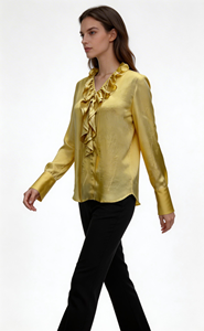 Camicetta Giallo Pallido Drappeggiata e Plissettata, Vestibilità Ampia da <span class=keywords><strong>Donna</strong></span> con Pieghe Sottili ed Elegante Caduta - Product Image 4
