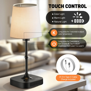 <b>Bedside</b> Table <b>Lamp</b> for Bedroom,Dimmable <b>Touch</b> Table <b>Lamp</b> with USB Port,Rechargeable Desk <b>lamp</b> with Fabric Shade for Living Room - Product Image 3