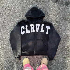 Custom Vintage Crop 100% Cotton Zip up Distressed Embroidery Patch Acid <b>Wash</b> Hoodie Men - Product Image 1
