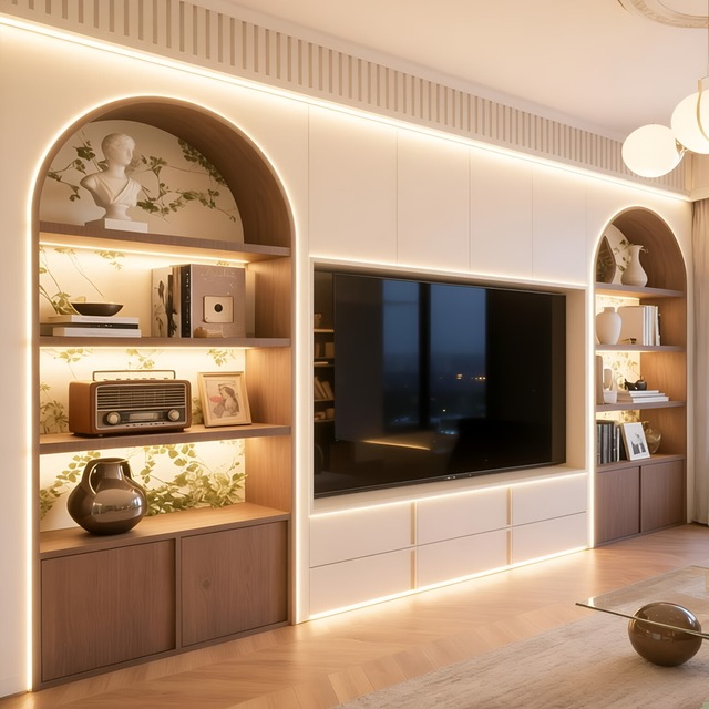 Modern TV Cabinet with LED and Open Shelves Walnut Wood Media Console for Living Room Custom