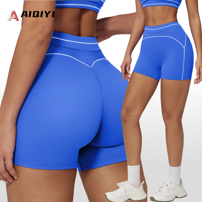 7028 Cross-Border European American High-Waist Sweat-Wicking Spandex/Nylon Color Blocking Sports Shorts Casual Yoga Shorts
