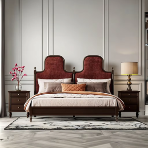 Lit Queen intemporel du milieu du siècle avec dossier doux en bois massif rembourré pour <span class=keywords><strong>la</strong></span> décoration intérieure de <span class=keywords><strong>la</strong></span> chambre vintage moderne - Product Image 1