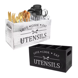 Organizador Multifuncional de Madera para Cubiertos, Caja de Almacenamiento de Utensilios de Cocina, Soporte para Cucharas y Tenedores con Orificios de Drenaje - Product Image 1