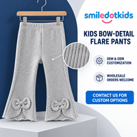 Smiledotkids Pantalon évasé personnalisé pour enfants, gris, en tricot côtelé, avec ourlet à nœud et taille élastique, OEM ODM, pour petites filles, vente en gros
