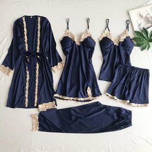 Pyjamas d'été en <span class=keywords><strong>satin</strong></span> pour femmes ensemble de peignoirs grande taille XL soie glacée vêtements de maison sexy avec jupe à bretelles ensemble de 5 pièces à manches longues - Product Image 5