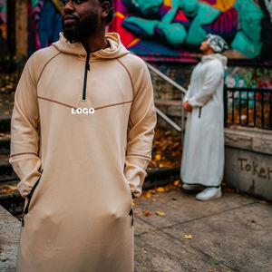 Thobe unisexe à capuche avec fermeture éclair 1/4, vêtement islamique décontracté - Tissu sweat-shirt, longueur cheville, Dishdasha avec poches latérales pour la région du Golfe - Product Image 2