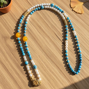 Collier bohème en perles turquoise et perles <span class=keywords><strong>de</strong></span> culture, collier fait main avec pierres bleues et accents jaunes, <span class=keywords><strong>bijou</strong></span> d'été pour la clavicule - Product Image 6
