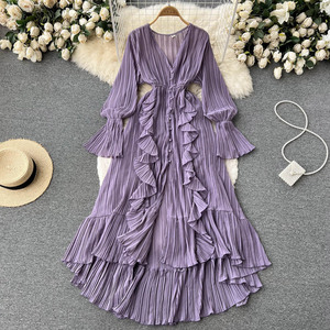2024 vacaciones gasa Vestidos largos <span class=keywords><strong>Mujer</strong></span> hoja de loto encaje cuello en V temperamento plisado cintura volantes vestido Casual para <span class=keywords><strong>mujer</strong></span> - Product Image 3