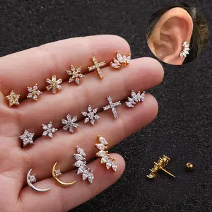 New Fashion Top selling popular stainless steel flower zircon stud earring lady gold heart cz Cartilage earring stud