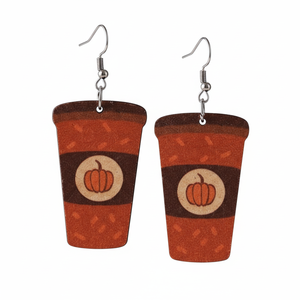 Boucles d'oreilles en bois Thanksgiving citrouille crème Latte tasse pendentif Double face boucles d'oreilles pour femmes Uionen 1104 - Product Image 1