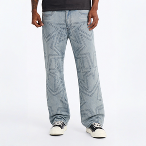 Jean baggy taille mi-haute en denim avec motifs étoiles, bleu clair délavé, coupe large, pour un style streetwear hip-hop - Product Image 1
