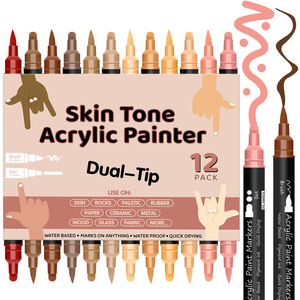 NOVISON Nouveauté – Marqueurs de peinture acrylique à double pointe (pointe fine et pointe pinceau) – 12 couleurs de teintes de peau pour la peinture sur roche et la céramique - Product Image 1