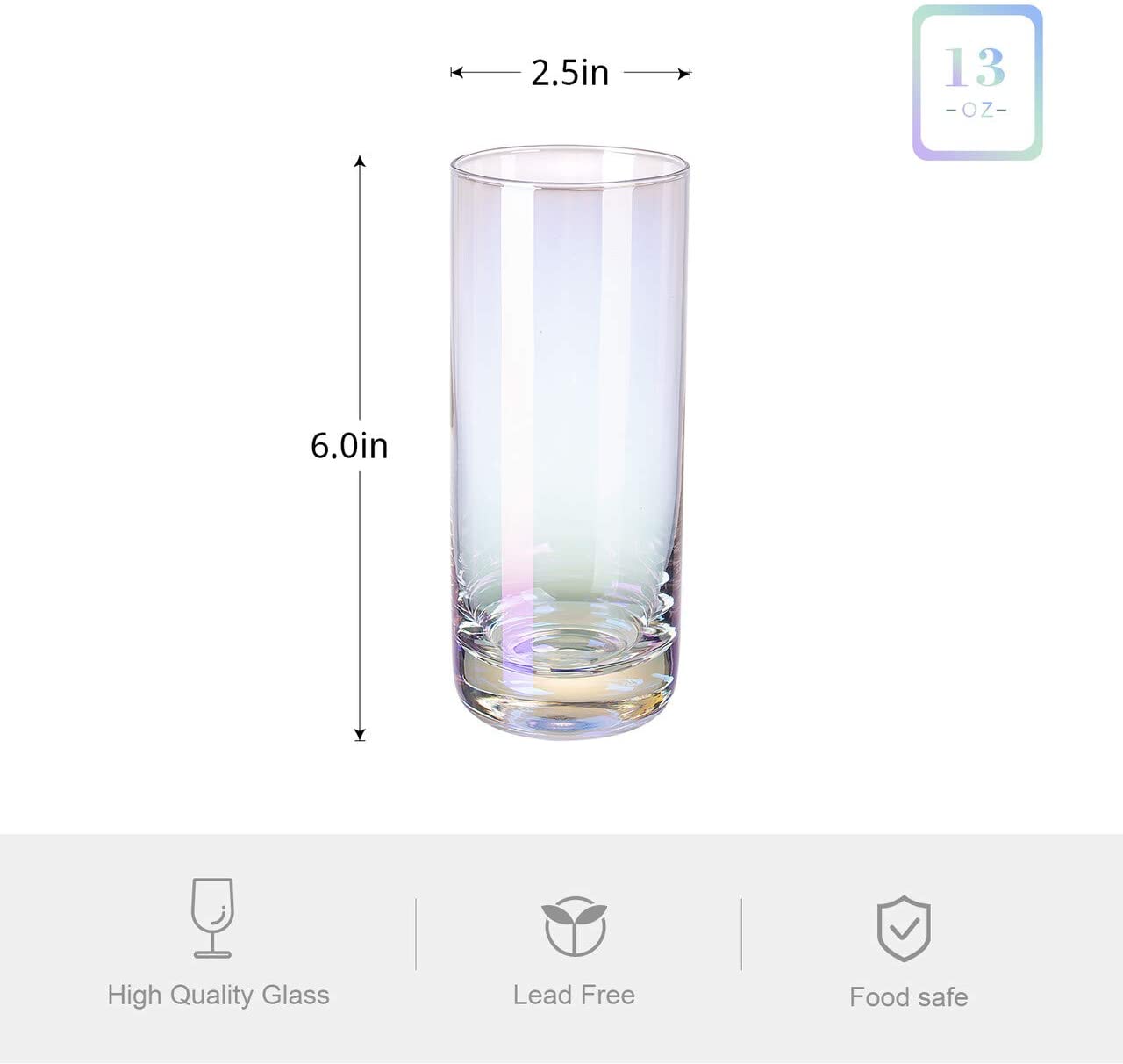 13 Ounce Iridescent Highball Drinking Glass Cylindrical Shape for Water  Beverage Juice Wine,Beer, and Cocktail