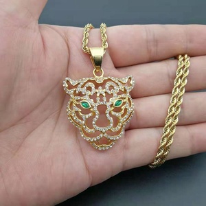 Free Sample Hiphop Style Green Eye Hollow Lion Head <b>Animal</b> Gold Plated Stainless Steel Pendant <b>Crystal</b> Rhinestone Claw Setting - Product Image 3