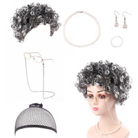Costume de Vieille Dame, Perruque de Grand-Mère, Bonnet de Perruque, Lunettes de Grand-Mère Madea, Chaînes de Lunettes, Cordons, Collier de Perles Fauxes, Ensemble de Cosplay