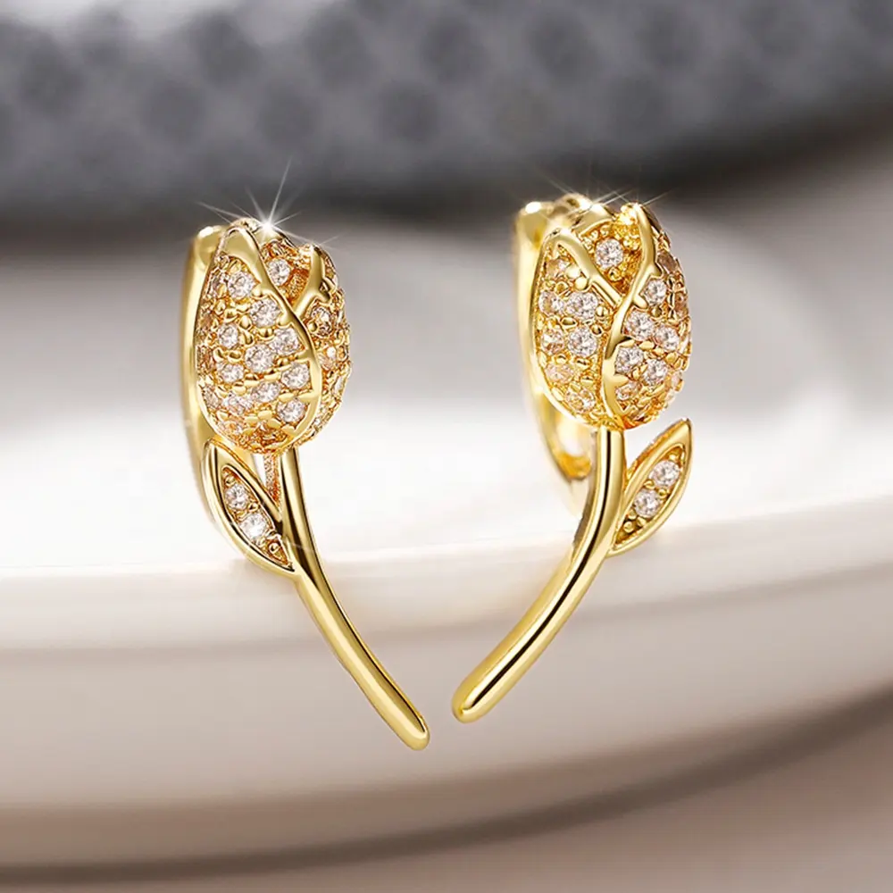 Newly Designed Flower Rose Hoop Earrings for Women Creative Rose Shape Earrings with CZ Silver Color/Gold Color Jewelry