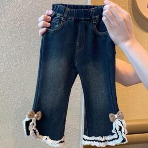 Tongxingyuan Girls Fleece <b>Lined</b> Flared Jeans Dark Blue Cotton Winter Baby Bottoms - Product Image 2