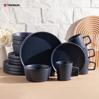 Service de Petit-Déjeuner Nordique 16 Pièces, Noir Mat, Assiettes de Service Luxe pour Restaurant, Vaisselle en Grès Céramique, avec Tasse