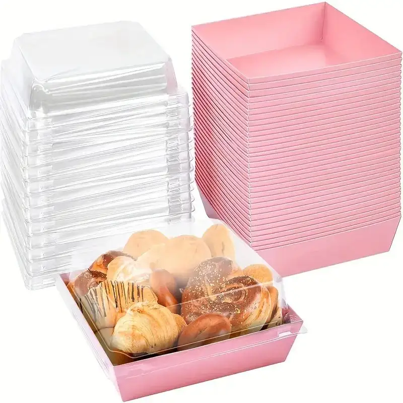 Cajas de comida cocida, cubierta transparente, papel Kraft a prueba de grasa rosa, caja de postre, contenedor de pastel de papel de panadería