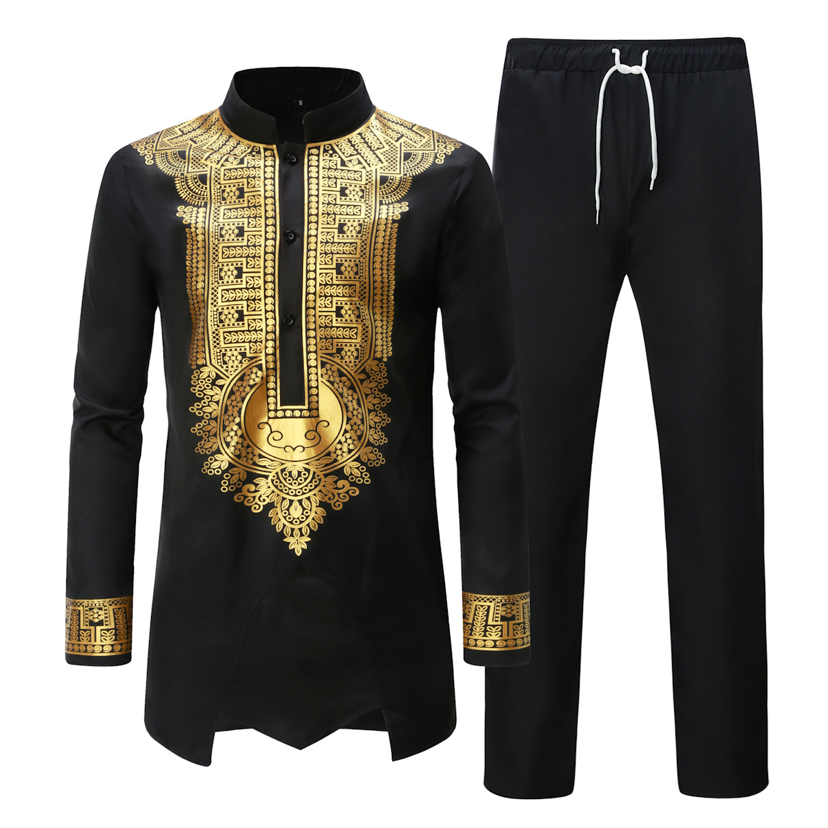 Men's African Dashiki 2-Piece Set - Long Sleeve Tribal Print Shirt And Pants Outfit