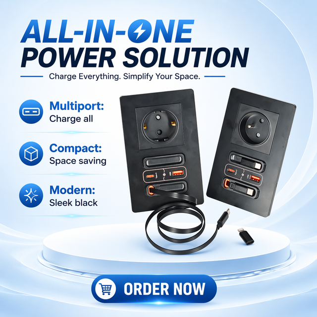Fashion Black Wall Socket with Retractable Charging Cable 20W USB A+C Ports 10A for Commercial Use