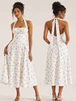 Vestido Midi con Cuello Halter y Escote Cuadrado, Estampado Floral Azul Pequeño sobre Base Blanca, Estilo Swing, Novedad 2026, Gran Venta, EE. UU. y Australia