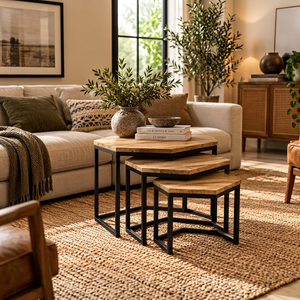 Ensemble de 3 tables basses gigognes avec plateau en bois et structure en métal noir, tables d'appoint modernes industrielles pour salon - Product Image 1